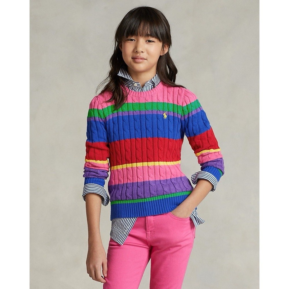 Polo Ralph Lauren Girls Striped Cable Knit Sweater Rainbow Cotton M 8-10